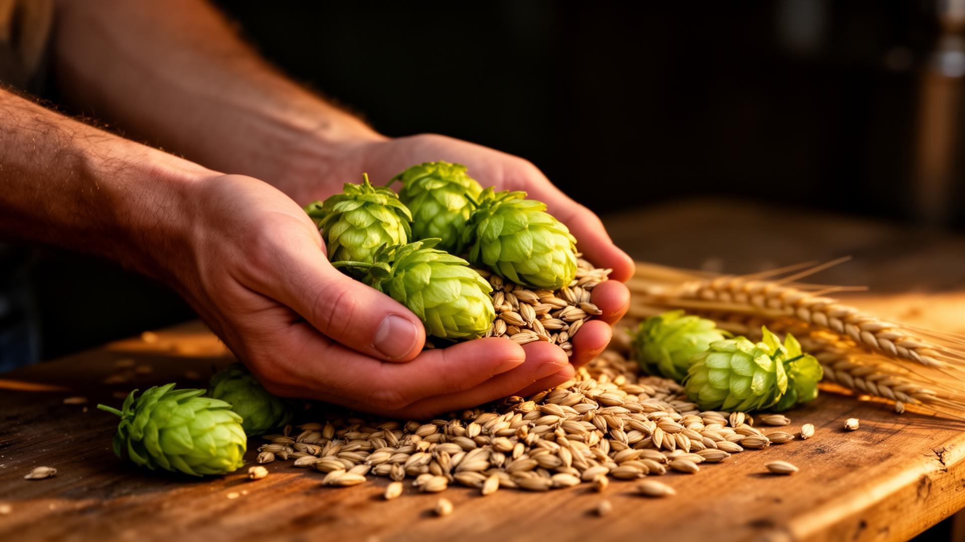 Hände mit frischem Hopfen und Malz
