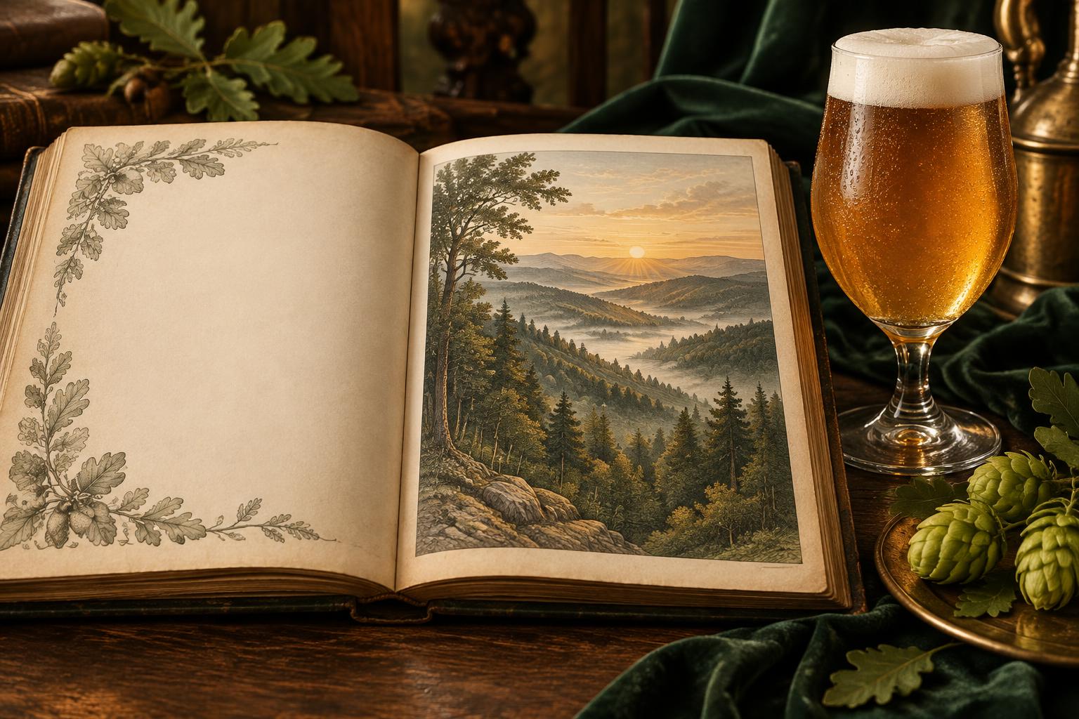 Aufgeschlagenes Buch mit Hunsrücklandschaft neben einem Bierglas