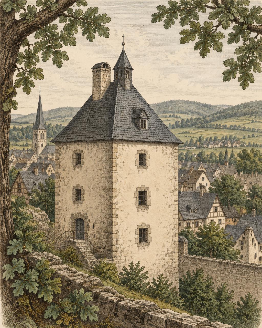 Kolorierte historische Illustration eines Turms in Simmern